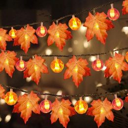 Fall Garland Decoration LED Maple Leaf Pumpkin String Light Autumn Decor Thanksgiving Indoor Outdoor Halloween Holiday Party Hang Glowing Supplies Sunset Colour