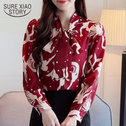 Blusas Mujer De Moda Fashion Spring Slim Print Women Red Tops and Blouses Long Sleeve Chiffon Ladies Shirts Bow 8372 50 210510