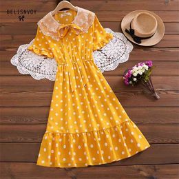 Preppy Style Summer Chiffon Midi Dress Lace Peter Pan Collar Polka Dot Printed Vintage Women Bow Ruffles Vestidos 210520