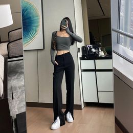 Autum skinny long pencil split pants bottoms Women elegant black trousers high waist office lady pants Suit Pants 210319