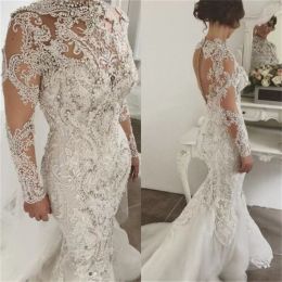 Long Sleeves 2022 Mermaid Wedding Dresses Bridal Gown Beaded Crystals Sweep Train Lace Applique Custom Made Illusion Plus Size High Neck Robe De Mariee