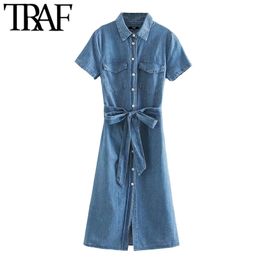 Women Chic Fashion With Belt Pockets Denim Midi Dress Vintage Lapel Collar Short Sleeve Female Dresses Vestidos 210507