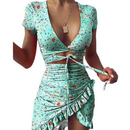 3XL Floral Print Fashion Tie Up Wrap Mini Dress Summer Holiday Ruffles Sundress Ruched Women's Short Sleeve 210520