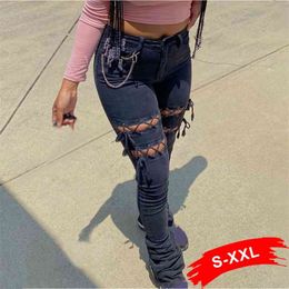 Plus Size Low Rise Hollow Out Sexy Lace Up Black Stacked Jean Slim Ripped Skinny Denim Melody Pants Street Slit Trousers 210629