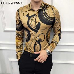 M-6XL Luxury Gold Print Casual Shirt Men Fashion Party Long Sleeve Slim Fit Tuxedo s Night Club Work Social 210721