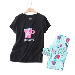 Short sleeve cropped trousers pajamas set summer Plus size 5XL 130kg Korea 2 piece pyjamas sleepwear 210809