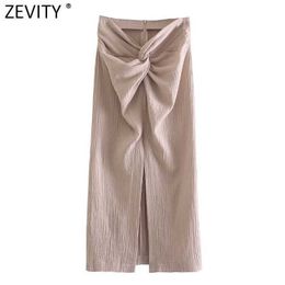 Zevity Women Fashion Solid Knotted Design Split Sarong A Line Skirt Faldas Mujer Female Back Zipper Summer Midi Vestidos QUN770 210603