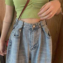 Women Jeans Straight Pachwork Pocket Wide-leg Women's Denim High Waist Harajuku Female Overalls Streetwear Pants 211129