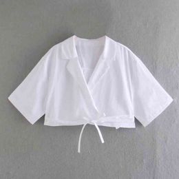 Summer Women Tailored Collar Cross Wrap Blouse Crop Tops Female Short Sleeve Shirt Casual Lady Loose Blusas S8835 210430