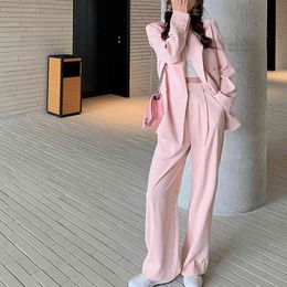 Women Spring Notched Double Breasted Blazers+High Waist Wide Leg Straight Pant 2 Pieces Sets Office Lady Outfits Suits 210510