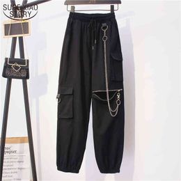Women Elastic Strap with Chain Black High Waist Zipper Casual Cargo Pants Harem for Mujer Pantalones 10652 210508