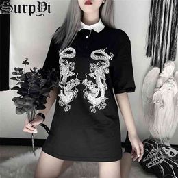 Mujer Camisetas Harajuku Punk Women Clothing Dragon Print Femme T-Shirts Vintage Black Gothic Clothes Long Loose Tops 210623