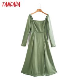 Tangada Fashion Women Green Satin Dress Back Zipper Arrival French Style Ladies Midi Dress Vestidos 2XN7 210609