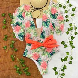 Sexy Print Floral Bandage Swimwear Swimsuit Women Ruffle Summer Beach Wear Strappy Bathing Suit Monokini 210712