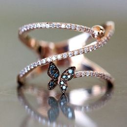 Women Luxury Butterfly Shaped Finger Rings with Side Stones Korean Version Rose Gold Colour Twist Knucle Ring Jewellery