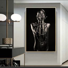 Pop Art Black Girl With Chain Canvas Painting Wall Pictures For Living Room Modular Posters and Prints African Art