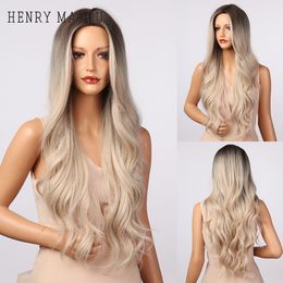 Long Water Wave Ombre Black Brown Blonde Wigs Middle Part Cosplay Party Synthetic Wig for Women Heat Resistant Fiberfactory direct