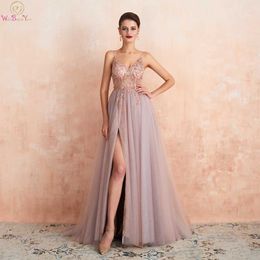 Pink Beaded Prom Dresses Plus Size Long Elegant See Through A Line Split Tulle V Neck Spaghetti Strap Evening Gown 210719