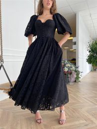 pink lace tea dress Australia - Vintage Black Lace Prom Dresses With Pockets Short Sleeves Sweetheart Neck Buttons Tea Length Formal Evening Gowns Slit Front Pageant Party Dress Special Occasion
