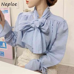 Korean Lace Up Bow Collar Work Style Ol Blue Blouse Women Pullover Long Sleeve Loose Blusas Spring Shirt Feminono 210422