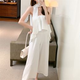 Women's Summer Vacation Style Sexy White Strapless irregular Chiffon Top + High-waist Wide-leg Pants Two-piece Casual Sets 210519