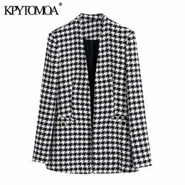 KPYTOMOA Women Fashion Tweed Houndstooth Blazer Coat Vintage Long Sleeve Welt Pockets Female Outerwear Chic Veste 211019