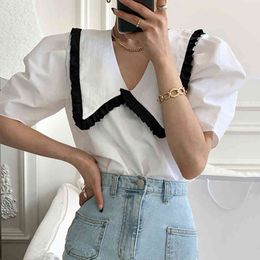 Summer Niche Retro Lapel Hit Colour Wood Ear Stitching Loose Puff Sleeve Shirt Top Women Black Fashion Casual 16F0856 210510