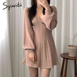 Syiwidii Knitted Dresses for Women Autumn Winter 2021 Korean New Pullover Sexy V-Neck Long Lantern Sleeve A Line Sweater Dress G1214