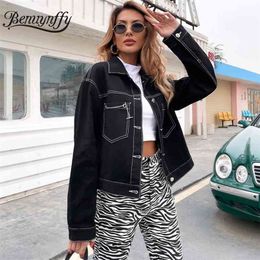 Turn-down Collar Chain Pocket Black Denim Jacket Women Spring and Autumn Single Breasted Casual Outwear Jean Coats 210510