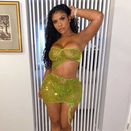 Sexy Sheer Mesh Two Piece Set StraplTop + Mini DrDstring Party Night Clubwear Summer Clothes For Women Outfit X0709