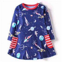 Jumping Meters Arrival Spaces Rockets Print Princess Cotton Costume Baby Girls Dress for Autumn Spring Kids Clothes 210529