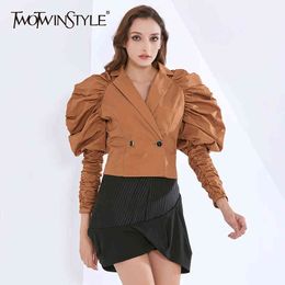 Ruched Shirts For Women V Neck Puff Long Sleeve Tunic Elegant Loose Blouses Female Autumn Fashion Clothing 210524