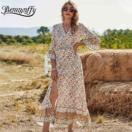 V-neck Button Up Floral Print Vacation Bohemian Maxi Dresses Women Summer Casual Tie Waist 3/4 Sleeve Ruffle Hem Dress 210510