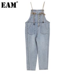 [EAM] Loose Fit Women Blue Denim Big Size Jumpsuit High Waist Pocket Stitch Pants Fashion Spring Summer 1DD6725 210512