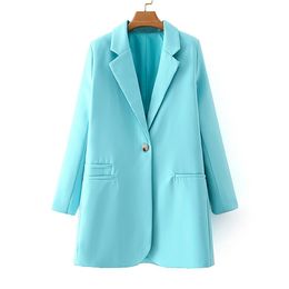 BLSQR Chic Loose Blue Women Blazer Autumn One Button Female Suit Jacket Long Sleeve Outwear Blaser Femme 210430