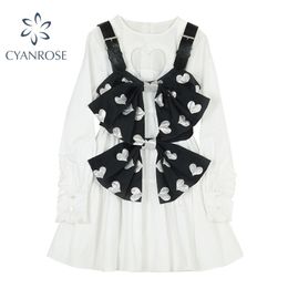 Dress+Vest Two-Piece Sets Women Retro White Heart Hollow Out Long Sleeve Dresses Sweet Cute Bow Vest Streetwear Outfits 210515