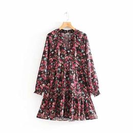 women sweet v neck lace up floral print hem ruffles mini dress female pleats vestidos chic casual chiffon dresses DS2995 210603