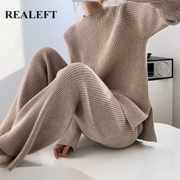 REALEFT Autumn Winter 2 Pieces Women Sets Knitted Tracksuit Half Turtleneck Sweater+Wide Leg Jogging Pants Pullover Suits 211116