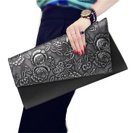 Evening Bags Genuine Leather Women Purse Printing Rose Floral Real Cowhide Day Clutch Bag Female Ladies Retro Europe Shoulder