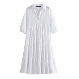 White Summer Vintage Long Dress Woman V Neck Short Sleeve Elegant For Women Chic Casual Midi 210531