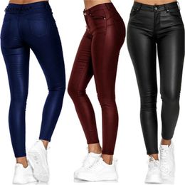 Pure Color Leather Casual Pants Small Feet Spring Women Pu Black Sexy Stretch Bodycon High Red 211112