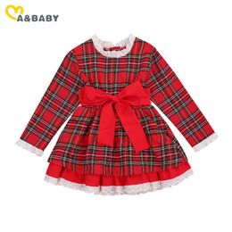 1-5Y Christmas Toddler Kid Baby Girl Dress Lace Bow Red Plaid Long Sleeve Tutu Party Dresses For Xmas Child Clothes 210515