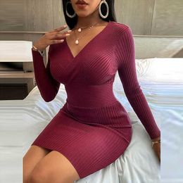 Women Elegant Slim Fit Bodyon Party Dress Spring Autumn Long Sleeve Solid Mini Dresses Sexy Wrap V Neck Ribbed Hip Package Dress Y1006
