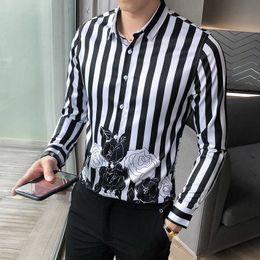 Floral Striped Shirts Men Slim Fit Business Formal Dress Shirts Long Sleeve Casual Social Party Blouse Streetwear chemise homme 210527