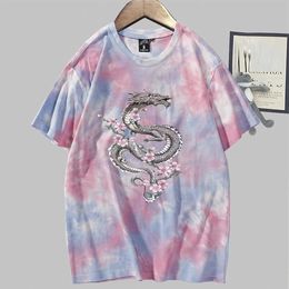 Dragon Anime Short Sleeve O-Neck Tie Dye Casual Loose Uniex T-shirt Y0809