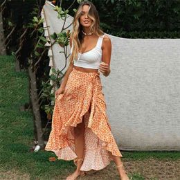 Casual boho maxi wrap skirt women ruffle slit long summer s sexy beach holiday print floral split Bottoms 210427