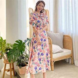 Runway Designer Maxi Dress Women's Elegant Beach Vacation Flower Printing Long Bow Collar Floor-Length Party es 210603