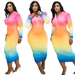 Gradient Color Midi Party Bodycon Bandage Dresses Full Sleeve Tight Sexy Night Club Women Spring 2021 Vestidos Female Casual