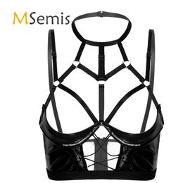 Sexy Womens Lingerie Cupless Bra Top For Sex Halter Neck Hollow Out Strappy Patent Leather Zipper Unlined Underwire Open Cup Bras