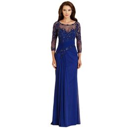 Vintage 3 4 Long Sleeves Lace Mother of The Bride Dresses 2022 with Beads Appliques Floor Length Chiffon Formal Evening Gowns217p